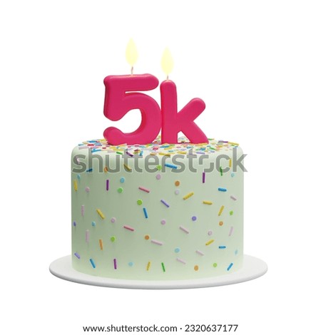 Cartoon cake with candles shaped like "5k". Celebration of reaching 5k followers or likes. Isolated illustration on white background, 3d rendering