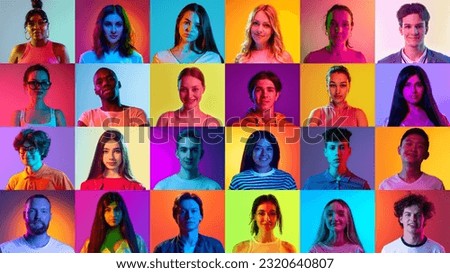 Collage. Portraits of young people of diverse age, gender and race looking at camera against multicolored background in neon light. Concept of human emotions, youth, lifestyle, facial expression. Ad