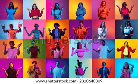 Collage made of portraits of different young people, men and women showing emotions of shock and surprise over multicolored background in neon light. Emotions, youth, lifestyle, expression concept. Ad