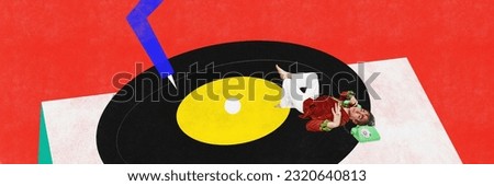 Stylish, expressive, elegant young man talking on retro phone, lying on vinyl record. Talented artistic personality. Contemporary artwork. Music festival, creativity, inspiration, hobby concept. Ad
