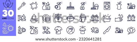 Organic waste, Dont touch and Bucket with mop line icons pack. Cleanser spray, Sponge, Coronavirus spray web icon. T-shirt, Cleaning liquids, Dishes pictogram. Water splash, Dry t-shirt. Vector Royalty-Free Stock Photo #2320641281