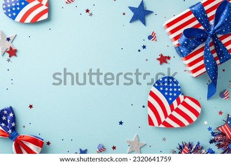 Presidents' Day celebration. Top view showcasing symbolic elements: hearts with USA flag pattern, stars, confetti, giftbox wrapped in thematic paper, set on light blue backdrop with frame for text Royalty-Free Stock Photo #2320641759