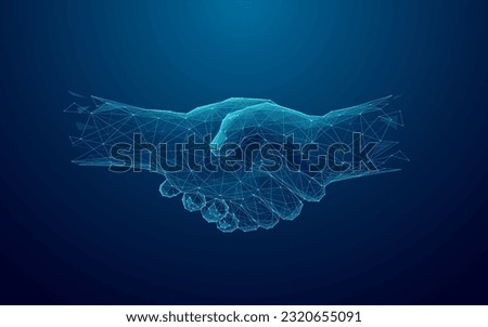 Digital handshake on blue technology background. Abstract two hands in lines, connected dots, and triangles. Polygonal grid 3D vector illustration. Business partnership concept. Low poly wireframe.