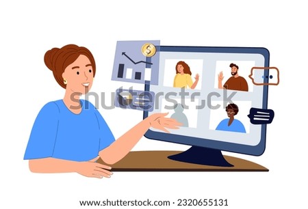 Young Business woman leading planning meeting with team online.Financial business videocall with colleagues in zoom.Manager Freelancer Working Remotely .Seminar Conference.Flat Vector Illustration