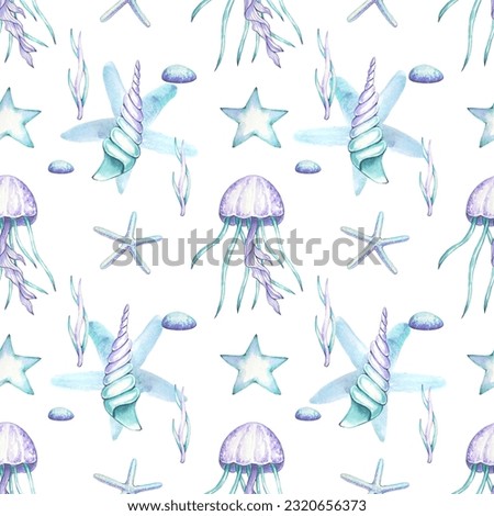Watercolor ocean seamless pattern with jellyfish, seashells, in purple and blue colors