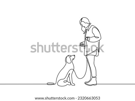 Walking with Dog Continuous Line Drawing. Woman and Dog Black Lines Drawing on White Background. Cute Pet with Cute Girl Minimalist Illustration. Modern Scandinavian Design. Vector EPS 10