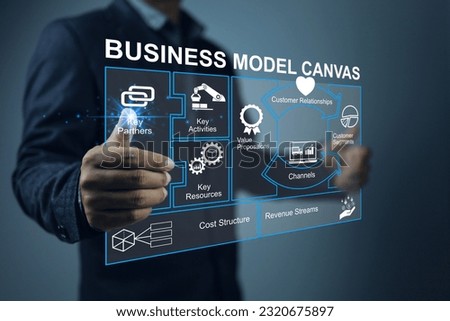 Businessman holding bmc chart or business model canvas as business process or planning before investment, partners, activities, segments, costs, sales channels, revenue management.