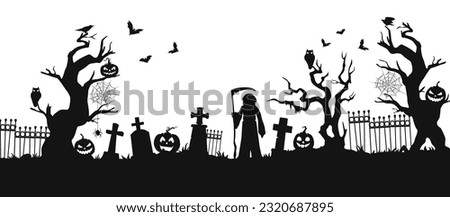 Halloween cemetery silhouettes. Vector creepy graveyard, horror night holiday necropolis design with Grim reaper, cobwebs on trees, bats, tombs, crows and owl, fence and pumpkins on white background Royalty-Free Stock Photo #2320687895