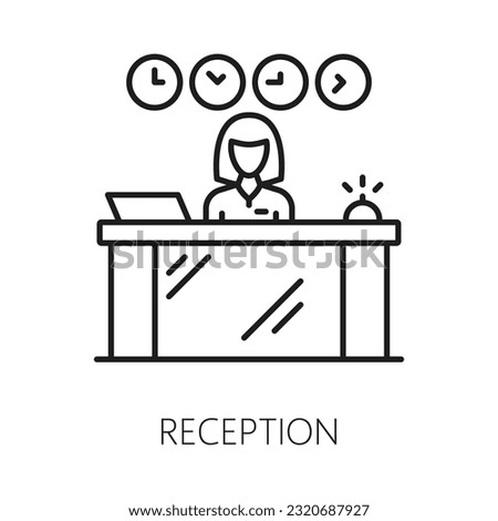 Reception desk icon, customer hotel service, thin line symbol. Vector receptionist at counter, cashier concierge doing check in or check-out Royalty-Free Stock Photo #2320687927
