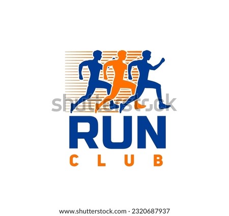 Marathon run sport icon, runners club or fitness races and athlete jogging sprint, vector silhouette badge. Marathon or sport speed run club label with running men sprinters on marathon challenge