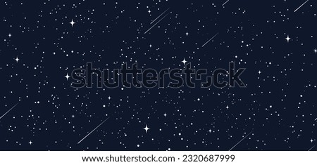 Starry space seamless pattern with sky stars in night galaxy, vector background. Space universe or dark black cosmos pattern with constellation, falling meteorites, comets and twinkling stars light