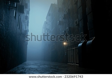 dark gloomy city street at night. background for crime. dark foggy abandoned city with glowing light, crime dark background.