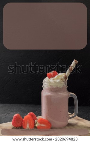 Tasty and healthy breakfast, milkshake with fresh fruit. Strawberry milkshake. Copy space. Protein shake with fruit