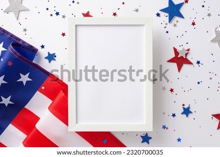 Labor Day in USA concept. Above view photo of empty wooden frame surrounded by white, blue and red star-shaped sparkles and american flag on white isolated background with copy-space