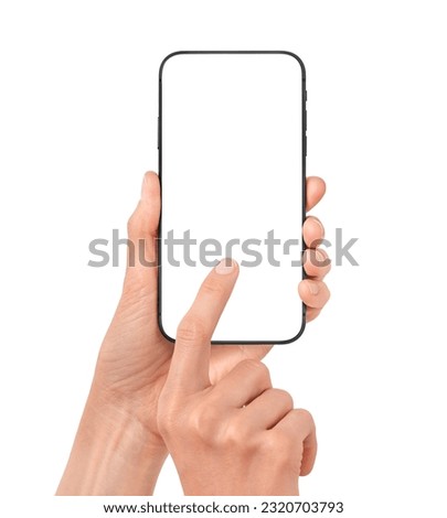 Hand holds smartphone mockup. Finger points at mobile phone template with blank screen. Cell phone device isolated on white background.