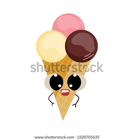 Cute ice cream illustration with eyes. Sweet dessert. Vector illustration