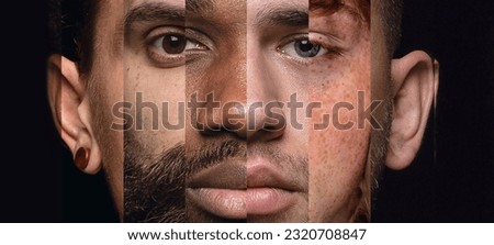 Male face made from different portrait of men of diverse age and race. Combination of faces. Seriousness and concentration. Concept of social equality, human rights, freedom, diversity, acceptance Royalty-Free Stock Photo #2320708847