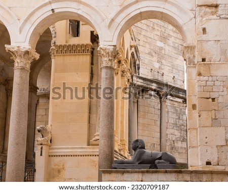 A 3,500 year old Egyptian Sphinx in Peristil Square, in front of Saint Domnius Cathedral in Split, Croatia Royalty-Free Stock Photo #2320709187