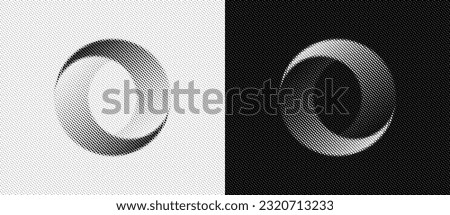 Halftone dots in circle abstract background. Yin and yang symbol. Dynamic transition illusion. Black shape on a white background and the same white shape on the black side.