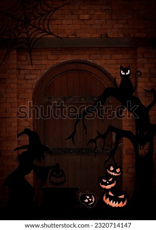 happy halloween, halloween night background, haunted house with pumpkins. invitation flyer ot tamplate for a holloween party. 