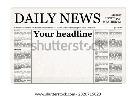 Newspaper front page template. Blank old vector generic newspaper mockup with copy space for your headline. Royalty-Free Stock Photo #2320715823