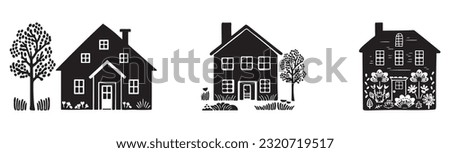 Set of rustic cottage motif in homestead vintage style. Vector illustration of whimsical rural country house.  Royalty-Free Stock Photo #2320719517