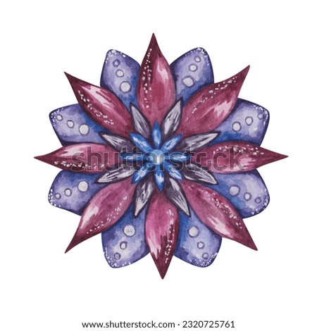 Watercolor illustration. Hand painted mandala flower in purple, blue, black, violet colors. Arabesque. Orient ornament. Space colors of starry night. Isolated floral clip art for banners, prints
