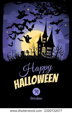 Halloween banner with tradition symbols. Castle and bats on the violet Moon background, illustration.
 Royalty-Free Stock Photo #2320732077