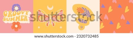 Groovy butterfly, hearts , flower banners collection. Set of 4 Hippie 60s 70s posters. Floral romantic backgrounds in trendy summer retro style. Flat Vector card, sticker, t-shirt print, invitation.