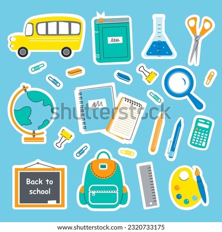 School supplies: school bus, book, laboratory flask, magnifying glass, globe, paper clips, eraser, notebook, notepad, pen, calculator, school board, backpack, ruler, watercolors with a brush. Back to 
