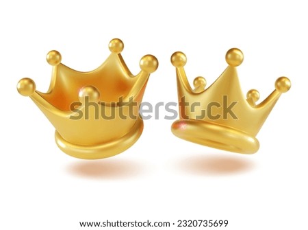 3d Gold Crown Set Cartoon Style Symbol of Monarchy and Leadership. Vector illustration of Royal Crowns