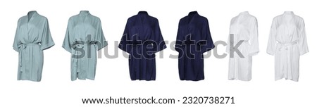 Set of different color silk bathrobes on white background Royalty-Free Stock Photo #2320738271