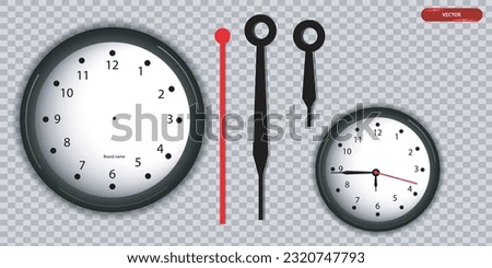 Realistic vector set of wall clock white color with hour and second, minute hands on transparent background