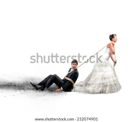 Funny concept of bound and trapped by marriage Royalty-Free Stock Photo #232074901