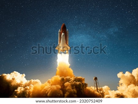 New Ship Rocket flies to another planet. Spaceship lift off into the starry sky space. Rocket starts mission into space. Concept. Travel to cosmos. Explorer Royalty-Free Stock Photo #2320752409