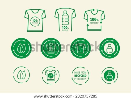 Icons, Clip arts for recycled fashion, t-shirts made from PET bottles, 100% recycled, logos, buttons, batches, signet, climate protection