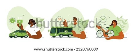 Sustainable transport concept illustration. Collections of men and women characters showing benefits of electric transportation with car, bus and bike. Vector illustrations set