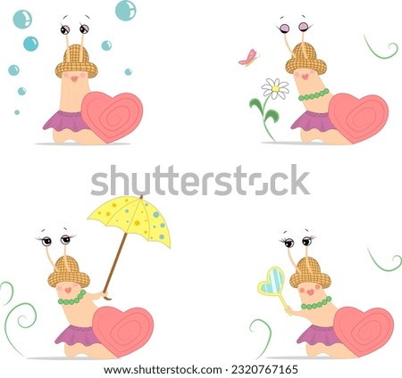 A set of fashionable cartoon snail girls in a hat and a skirt with beads, with a mirror and an umbrella, admiring a butterfly and sniffing a flower, surrounded by soap bubbles