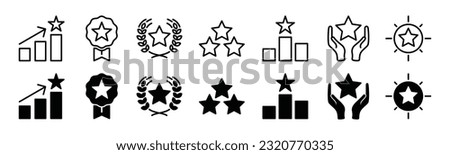 Ranking line and flat icons set. Badge, rating, first place, medal, winner, target, victory, laurel with stars icon symbol on white background for apps and websites. Vector illustration Royalty-Free Stock Photo #2320770335