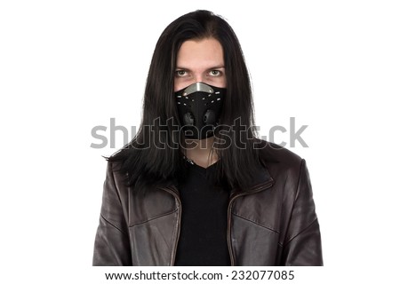 Photo of informal man with mask on white background