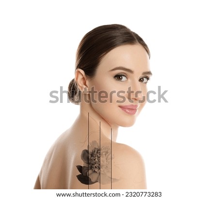Design with photo of woman on white background during tattoo removal process Royalty-Free Stock Photo #2320773283