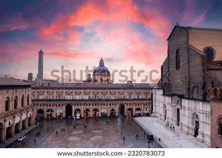 Bologna. Medieval city in Emilia Romagna in Italy Europe. Art and culture. Tourists from all over the world for Piazza Maggiore, Via Indipendenza, the leaning towers and the oldest university Royalty-Free Stock Photo #2320783073