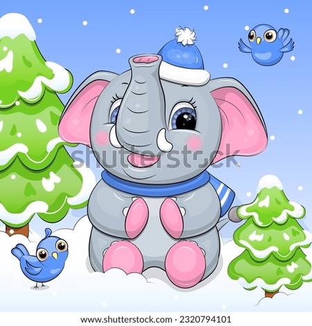 A cute cartoon elephant in a blue hat and scarf is sitting on the snow with two birds in a spruce forest. Winter vector illustration of animals in nature.