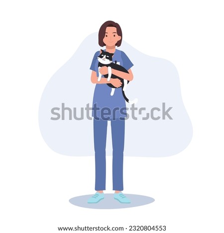 Full length of female Veterinarian Hugging cat. Profession veterinarian. Woman vet holds a cat. Flat vector cartoon illustration Royalty-Free Stock Photo #2320804553