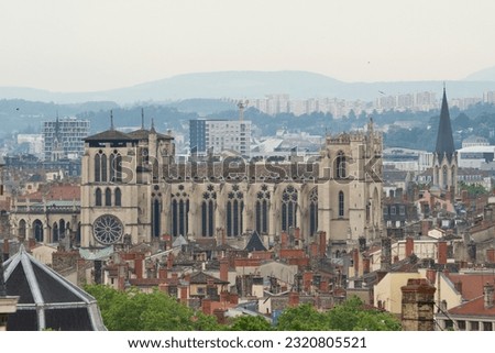 Side view of the famous Lyon Cathedral ( Saint Jean-Baptiste cathedral) with the 
Saint george church behind in Rhone Alpes, France. Royalty-Free Stock Photo #2320805521