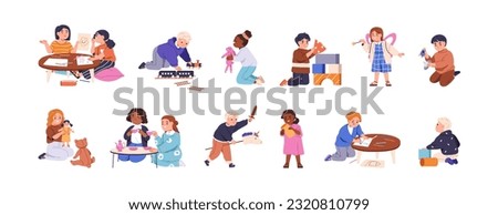 Cute children playing games with toys. Little boys and girls doing leisure activities in nursery playroom. Happy childhood of kindergarten kids. Flat vector illustrations isolated on white background