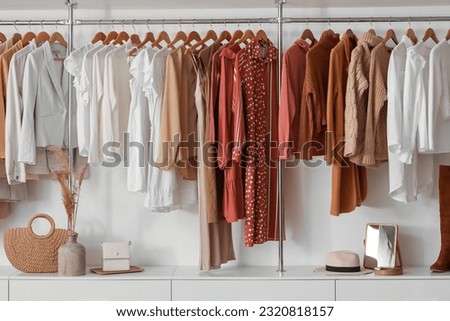 Stylish female clothes hanging in boutique Royalty-Free Stock Photo #2320818157
