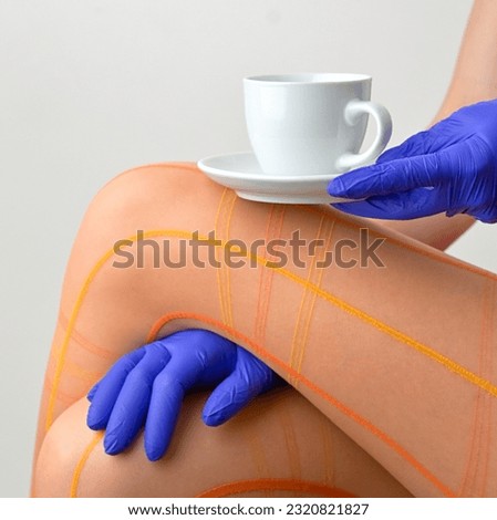 Abstract A Woman Has A Cup Of Tea Or Coffee On Her Knee and Orange Tights
