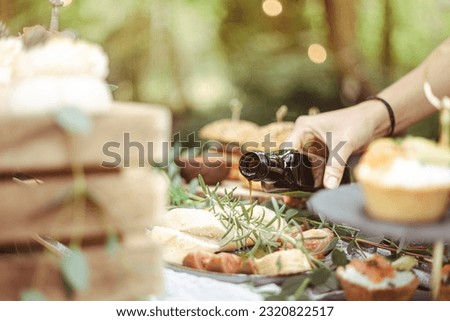 Rustic outdoor reception in elegant garden with gourmet local food. Female hand pouring virgin olive oil ove antipasti. Italian wedding. Natural, lifestyle image. Royalty-Free Stock Photo #2320822517