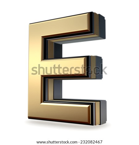Golden with black rim high quality 3d render  font type letter E isolated on white , uppercase 